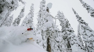 A skier in deep powder at Valhalla Mountain Touring Lodge